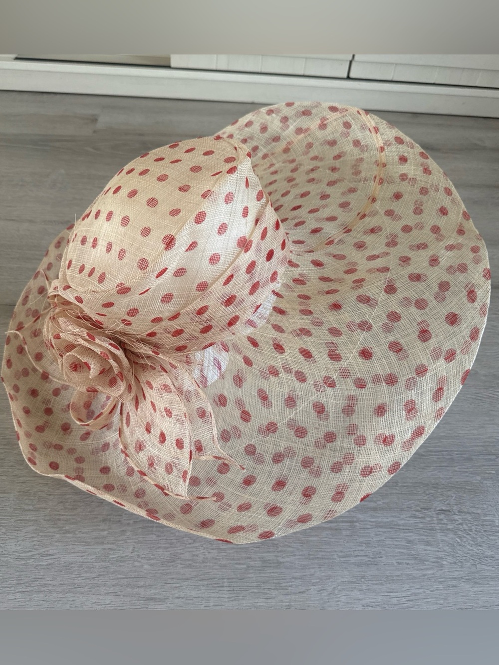 Vintage Derby Pink Polkadot  Sinamay Fashion  Hat Large Bow Wide Brim
